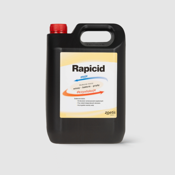 Rapicid to płynny preparat dezynfekcyjno-myjący o szerokim spektrum działania, bezpieczny dla zwierząt. Skutecznie dezynfekuje pomieszczenia, sprzęt i powietrze w obiektach hodowlanych, zwalcza bakterie, wirusy i grzyby. Dzięki połączeniu aktywnego jodu z detergentem działa nawet w niskich temperaturach i w obecności zabrudzeń. Preparat jest biodegradowalny i łatwy w użyciu. vetaherb drób